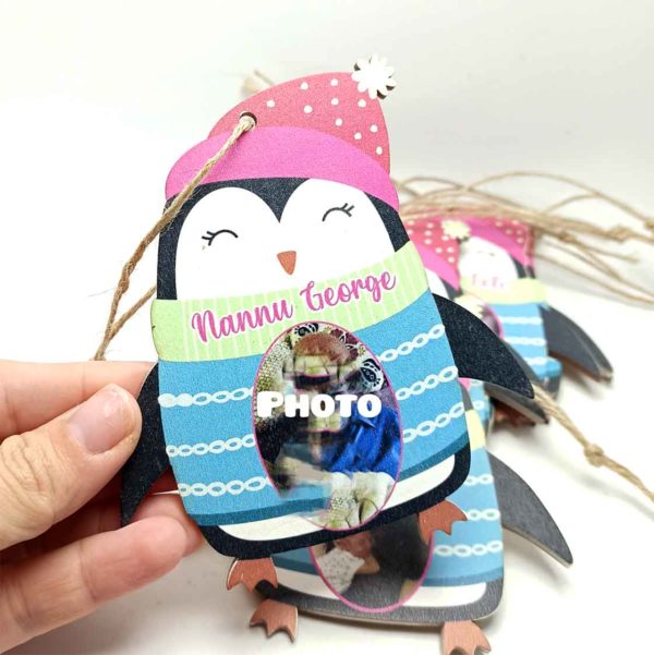 Christmas Penguin with photo printed on wood - Christmas tree ornament