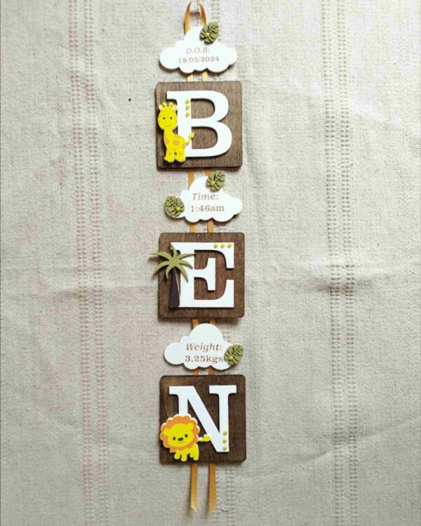 Personalised Wooden Square - 10x10 Letter Name - Animals Theme with Clouds