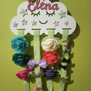 Personalised Hair Bow Hanger - Four Ribbons - White Cloud - Standard Length Ribbon
