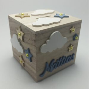 Wooden Moneybox Square – Clouds & Stars Theme – 8.7cmx8.6cmx8.4cm
