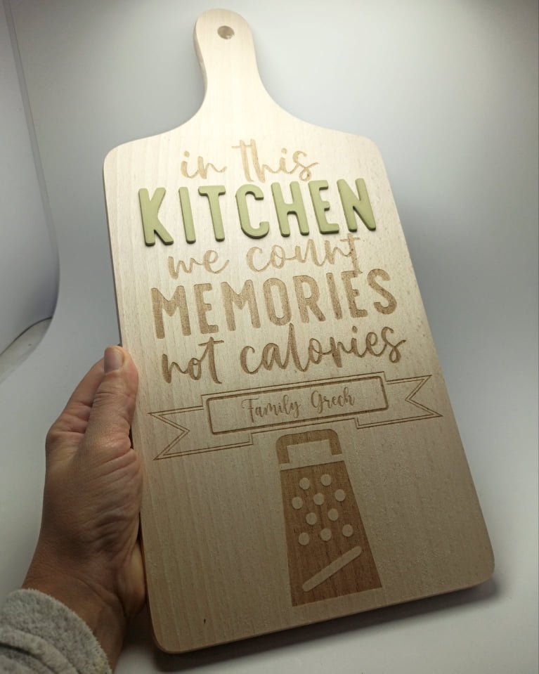 Wooden Beech Cutting Board - 'In this kitchen we count memories not calories' including Family Surname
