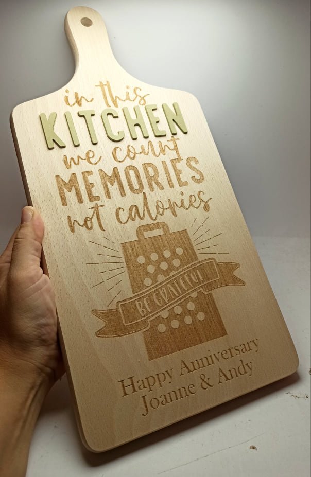 Personalised Wooden Beech Cutting Board with Handle - In this kitchen we count memories... - 39.5x18.5x1.5cm
