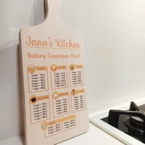 Personalised Wooden Beech Cutting Board with Handle - Baking Conversion Chart - 39.5x18.5x1.5cm