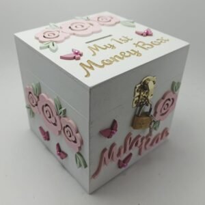 Money box in White with lock - Flowers and Butterflies Theme