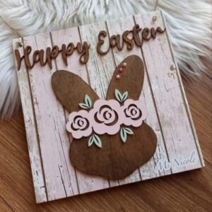 Happy Easter Hanging sign with embossed text, bunny and flowers