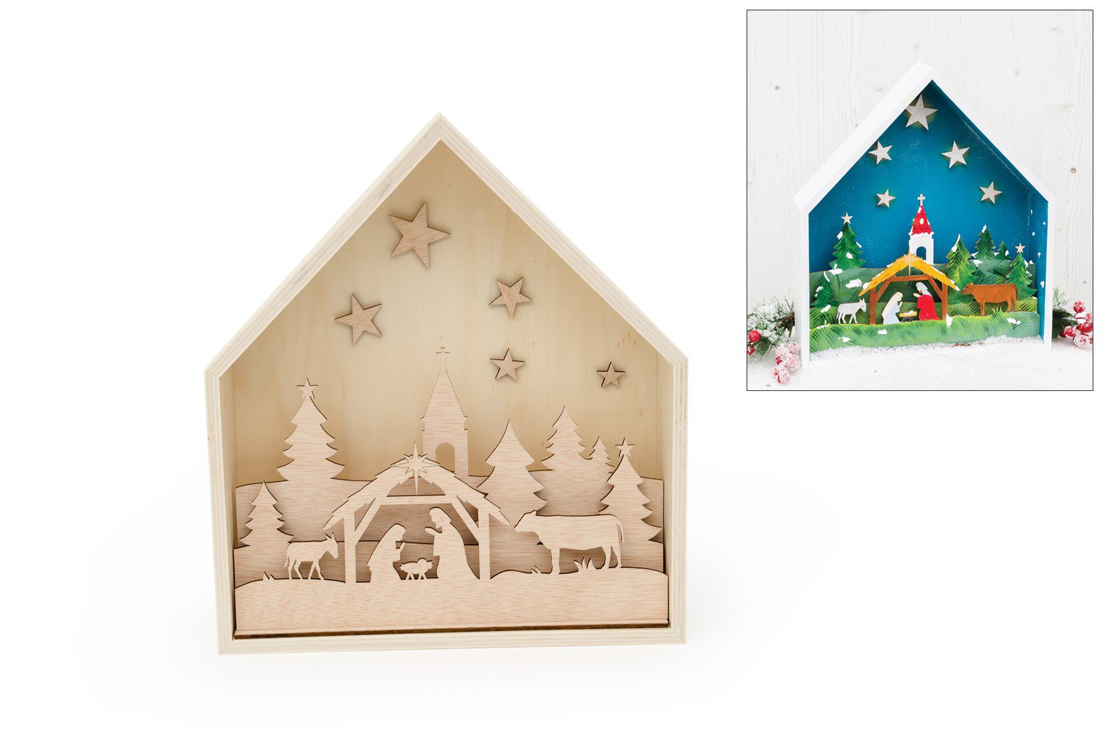 FRAME HOUSE 31X7.2X35CM W/NATIVITY FAMILY