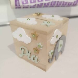 Wooden Moneybox Square - Elephant Theme - 8.7cmx8.6cmx8.4cm