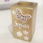 Wooden tea light holder square / Butterfly Theme