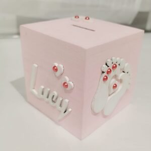 Wooden Moneybox Square - Baby Feet Theme - 8.7cmx8.6cmx8.4cm