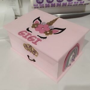 Wood Jewel Box with Mirror and Drawer - Unicorn  Theme - (full coloured base)
