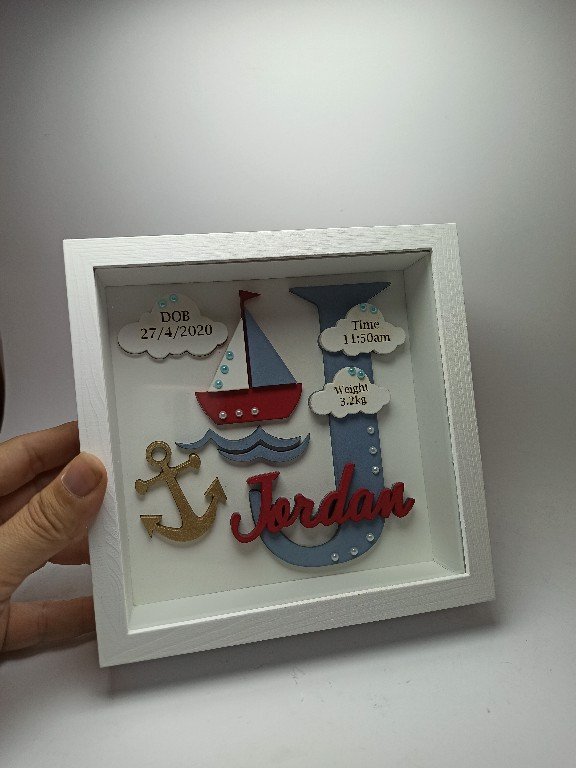 Baby Box Square Frame with Glass - Sailing Boat Theme