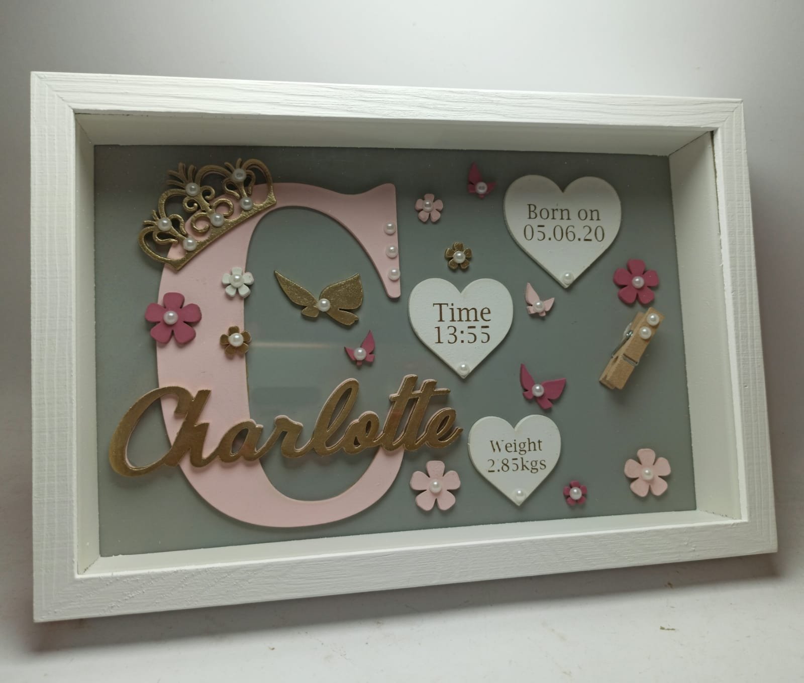 Baby Box Frame with Glass - Princess Theme with grey background