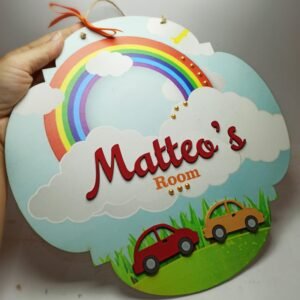Personalized Kids Door Sign - Print on wood with embossed Name and Cars