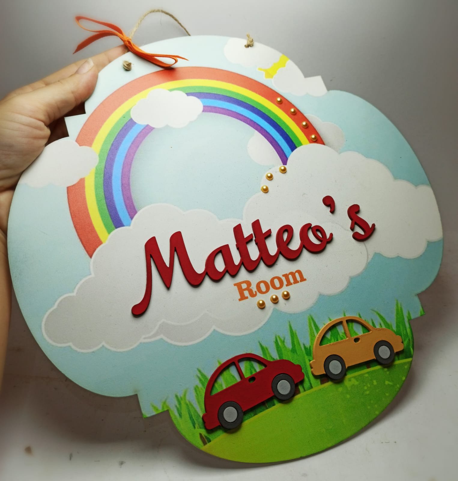 Personalized Kids Door Sign - Print on wood with embossed Name and Cars