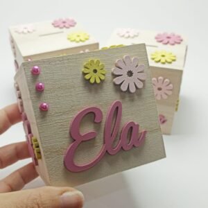 Wooden Moneybox Square - Flower Theme - 8.7cmx8.6cmx8.4cm
