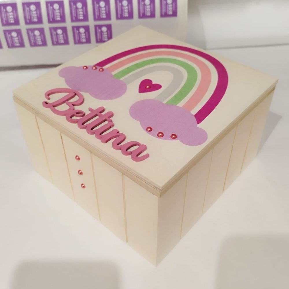 Keepsake Wooden Box - 18x18x11cm - Pink Rainbow Theme
