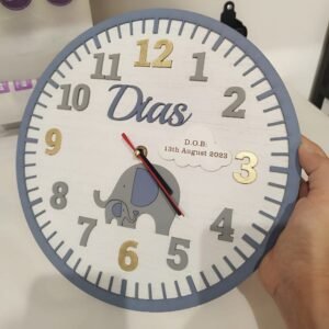 Personalised Hand Painted Clock - Elephant Theme - With D.O.B