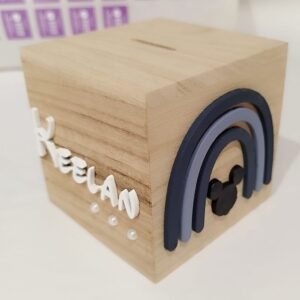 Wooden Moneybox Square - Embossed & Hand Painted - 8.7cmx8.6cmx8.4cm