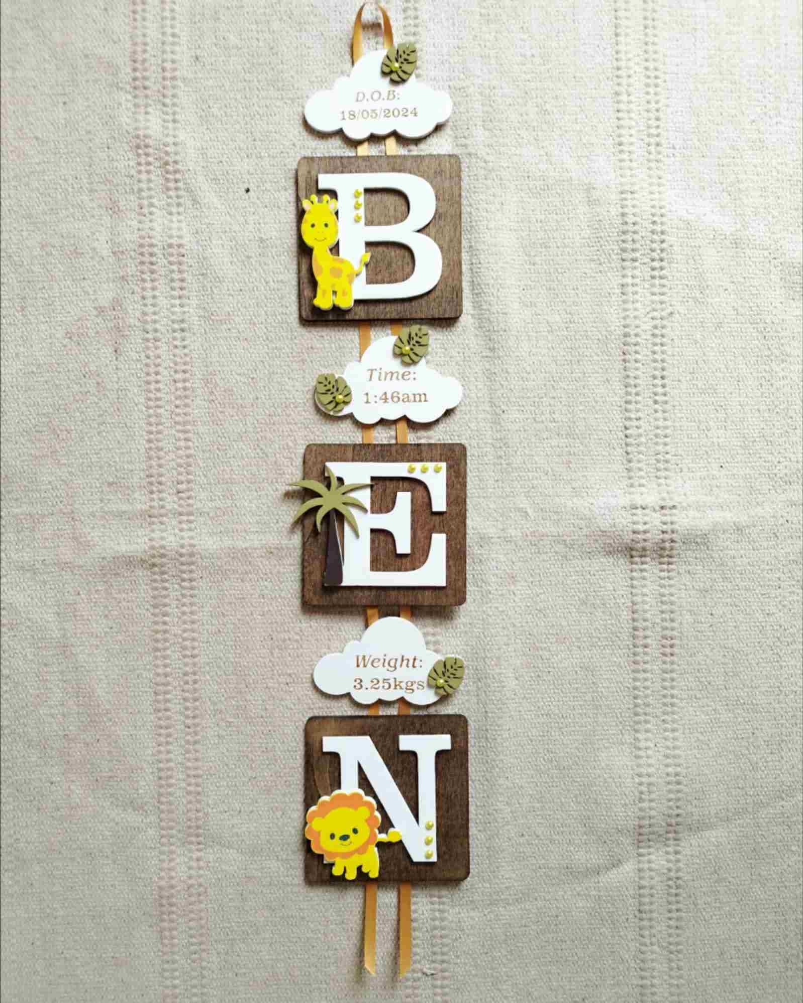 Personalised Wooden Square - 10x10 Letter Name - Animals Theme with Clouds