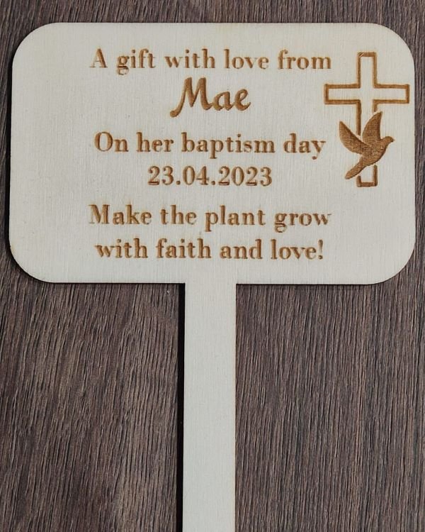 Plant Sign - Baptism Souvenir - Engraved and Raw Finish - 9cm x11cm